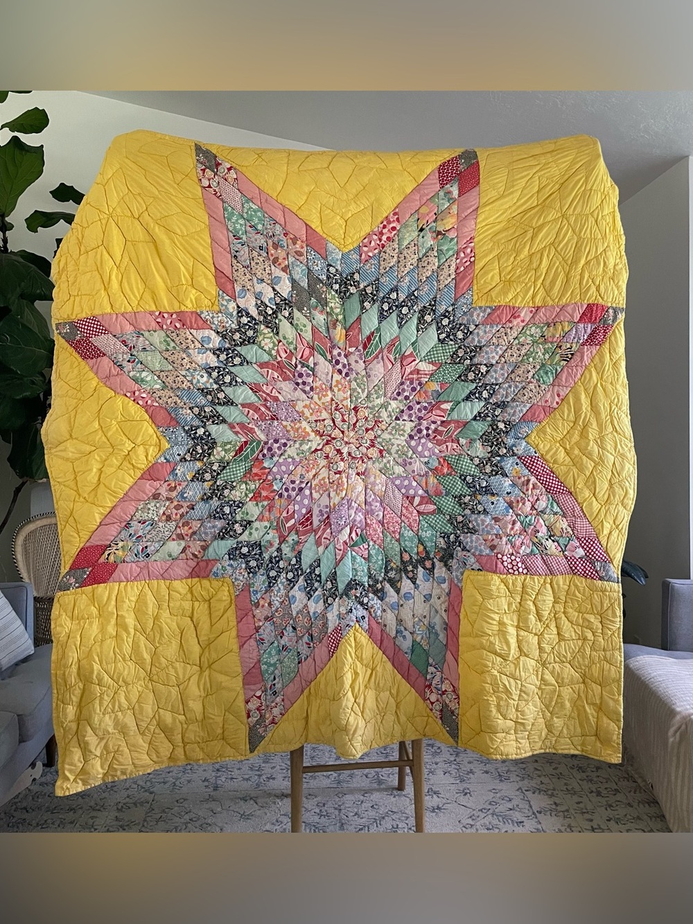 Vintage Hand Quilted Lone Star Feed Sack Quilt 74x74